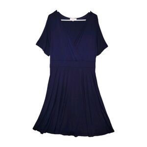 Ahlaray Short Sleeve Faux Wrap Midi Dress Womens 1X XL Navy Jersey Stretch Basic
